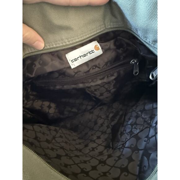 Carhartt Green Khaki Canvas Tote Bag Brown Base Zip Top Convertible Strap Pocket - Picture 3 of 4